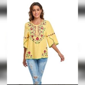 #913 E-Rrtro Floral Embroidered Yellow Top